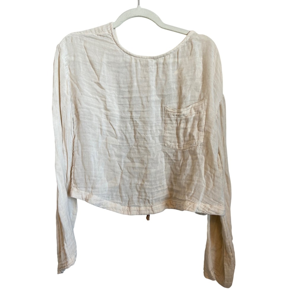 Free People Cream Gauze Cropped Long‎ Sleeve Open Back Tie Top Small